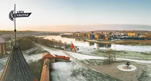 Prints of Kaunas, Lithuania - 19th november, 2024: aerial panoramic view Kaunas Medieval castle. Popular landmark - tourist sightseeing attraction. Historical archeological site. Nemunas river on sunset Related Prints: Kaunas Medieval Castle Print - Aerial Panorama