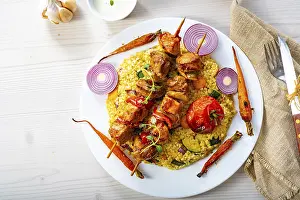 Roasted Vegetable Meals Prints: Kebabs with vegetables and bulgur
