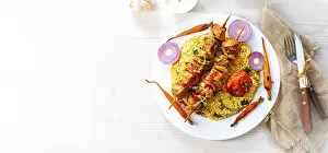 Roasted Vegetable Meals Prints: Kebabs with vegetables and bulgur
