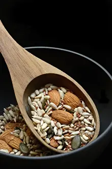 Pumpkin Seeds Nutrition Prints: Kernels in ladle, kernel mix of almond kernels