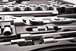 Construction Site Background Prints: Kit of metallic tools as background