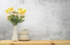 Modern Architecture Interior Space Prints: Kitchen table with coffee cups and spring flowers