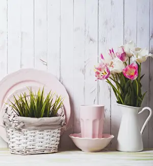 Deserted Breakfast Table Setting Prints: Kitchen table top in rustic shabby chic style