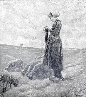 Classic European Illustration Prints: Knitting shepherds with their flock