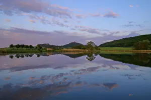 Thuringia Castle Prints: Lake with reflection in spring with castle at sunset