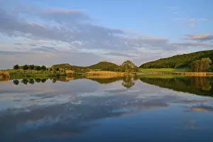 European Castle Architecture Prints: Lake with reflection in spring with castle at sunset