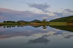 European Fortification Architecture Prints: Lake with reflection in spring with castle at sunset