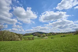 Cloudy Sky Landscapes Prints: Landscape, meadow, clouds, low mountain range