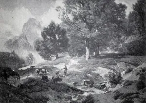 Idyllic European Landscape Prints: Landscape in Ramsau with cows and a shepherd