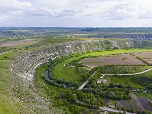 Prints of Landscape with rolling hills and fields crossed by a river, from a bird's eye view, aerial view, loop of the Răut river, Raut, Old Orhei, Orheiul Vechi, archaeological site Moldova Prints: Landscape Print: Raut River, Orheiul Vechi, Moldova