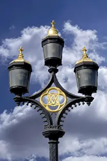 Deserted Waterfront UK Prints: Lanterns on the Thames, cloudy sky