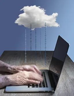 Cyber Crime Prevention Prints: Laptop connected to applications in the cloud computing internet with furious typing suggestive of hacking