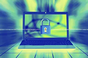 Digital Security Prints: A laptop screen displays a padlock with binary code