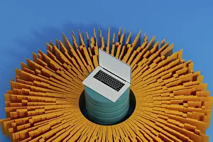 Modern Architecture Illustration Prints: A laptop stands surrounded by vibrant data elements