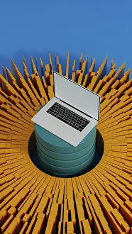 Modern Architecture Illustration Prints: A laptop stands surrounded by vibrant data elements