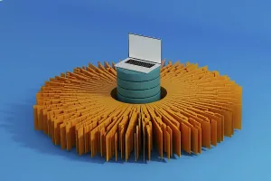 Artificial Intelligence Technology Prints: A laptop stands surrounded by vibrant data elements