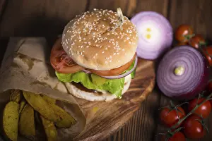 High Calorie Food Options Prints: Large appetizing burger with beef
