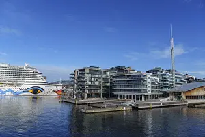 Prints of Large cruise ship next to modern, glazed buildings on the waterfront, Oslo, Norway, Scandinavia Oslo Prints: Large Cruise Ship Print, Oslo Waterfront Scene
