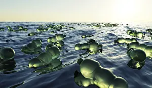 Eco Friendly Environment Protection Prints: A large amount of green plastic bottles float in the ocean