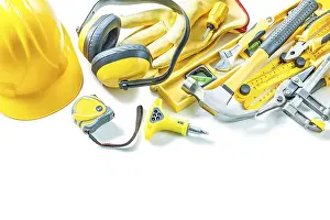 Close Up Detail View Prints: Large set of yellow construction tools against a white background