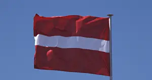 Prints of Latvian Flag Waving in the Wind against blue sky Latvia Prints: Latvian Flag Waving in the Wind Print