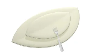 Copy Space For Text White Background Prints: Leaf shaped serving dishes with fork