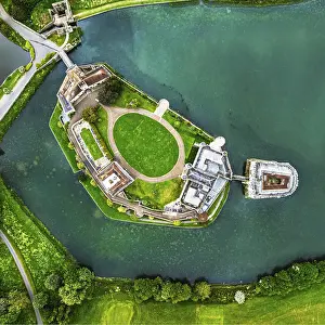 Prints of Top Down over Leeds Castle from a drone, River Len, Kent, England, United Kingdom Leeds Prints: Top Down Print of Leeds Castle from a Drone, Kent, England