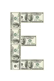 Isolated US Dollar Note Prints: Letter E made of dollars isolated on white background