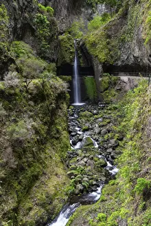 Eroded Landscape Europe Prints: Levada do Moinho, Waterfall in a gorge