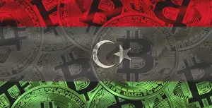 Online Payment Transaction Prints: Libyan flag with Bitcoins in the background