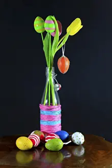 Traditional Easter Decoration Prints: Still life with Easter eggs and tulip