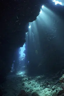Underwater World Landscape Prints: Light rays, sun rays in cave, underwater