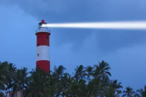 Starry Night Sky View Prints: Lighthouse in night with light beam