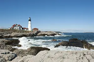 North America Beach Scene Prints: Lighthouse, waves breaking on rocks