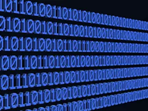 Binary Code Prints: Several lines of binary code, blue zeros and ones against a black background