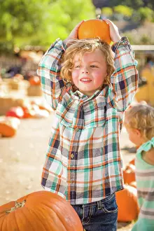 Rustic Ranch Setting Prints: Little Boy Standing in a Rustic Ranch Setting at the Pumpkin Patch