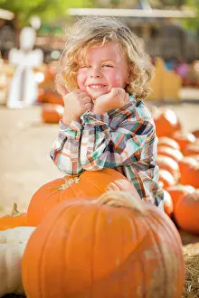 Halloween Images Prints: Little Boy Standing in a Rustic Ranch Setting at the Pumpkin Patch