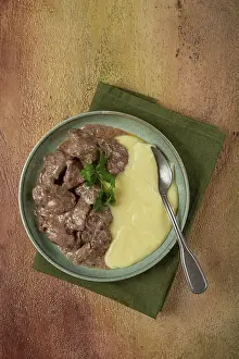 Empty Plate Still Life Prints: Liver beef stroganoff with mashed potatoes
