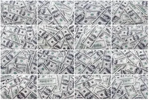 US American Paper Money Prints: Lots of dollar notes arranged in chaotic manner