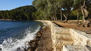 Greek Coastal Photography Prints: Loutsa Beach, stone wall, surf