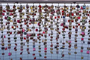 Prints of Love locks on the railing of Moleturm, Friedrichshafen on Lake Constance, Lake Constance district, Upper Swabia, Swabia, Baden-Wurttemberg, Germany Love locks on the railing of Moleturm Lake Constance Prints: Love Locks Print, Friedrichshafen, Germany