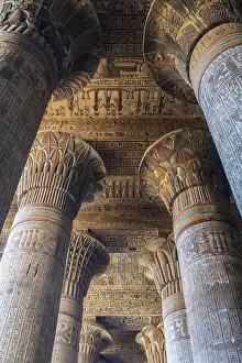 Ornate Temple Decorations Prints: A low angle shot inside Esna Temple