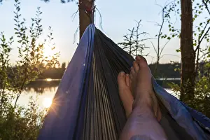 Scandinavian Evening Landscape Prints: Lying in a hammock at sunset on Lake Tranusjon
