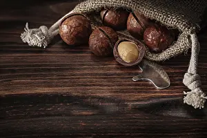 Close Up Photography Prints: Macadamia Nuts In Burlap Bag