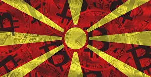 Prints of Macedonian flag with Bitcoins in the background. Bitcoin cryptocurrency with North Macedonia flag, Investors in Blockchain Technology North Macedonia Prints: Macedonian Flag Print with Bitcoin Background