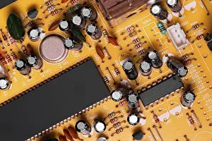 Macro Close Up Prints: Macro Close up of components and microchips on old PC circuit board