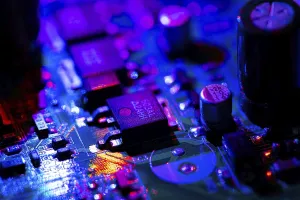 Macro Close Up Prints: Macro Close up of components and microchips on PC circuit board