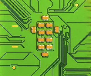 Electronic Component Detail Prints: Macro Close up of microchips and pins on Main CPU PC processor circuit board