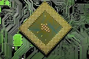 Electronic Communication Network Prints: Macro Close up of microchips and pins on Main CPU PC processor circuit board