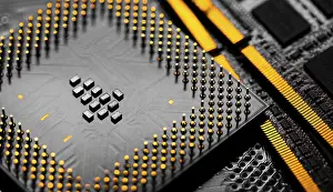 Close Up Computer Hardware Prints: Macro Close up of RAM Memory and pins on Main CPU PC processor circuit board